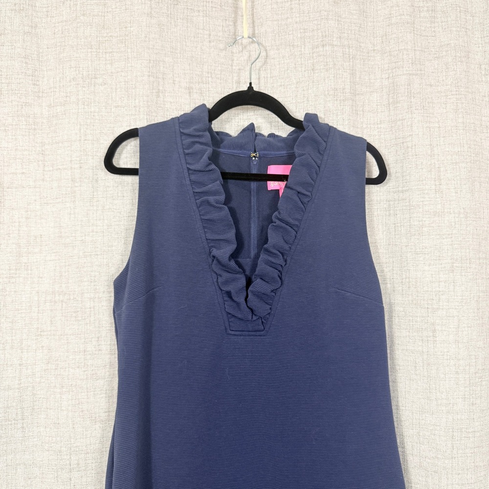 Lilly Pulitzer Shift Dress L Navy Blue Ruffle V-Neck Sleeveless Coastal Nautical - Picture 2 of 7